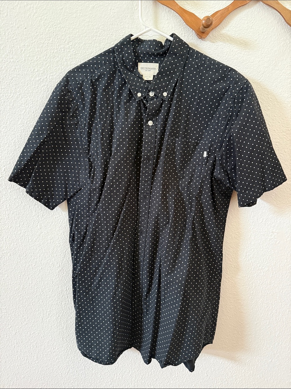 Obey Black Short-Sleeve Button-Down Shirt with White Polka Dots